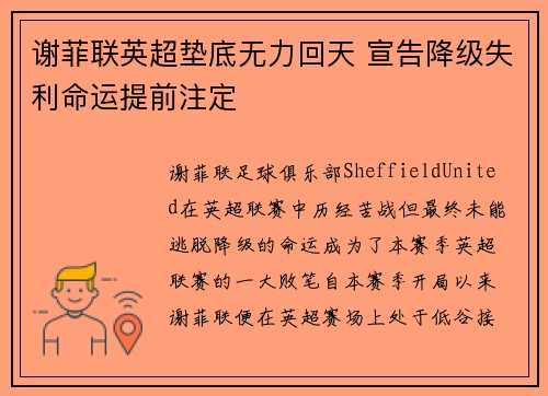 谢菲联英超垫底无力回天 宣告降级失利命运提前注定 谢菲联英超垫底无力回天 宣告降级失利命运提前注定