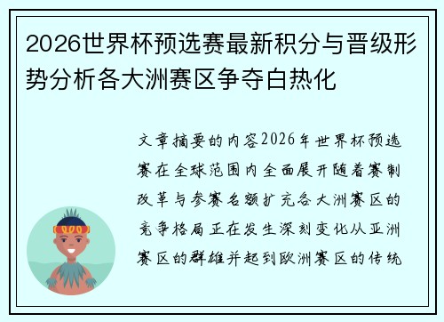 2026世界杯预选赛最新积分与晋级形势分析各大洲赛区争夺白热化