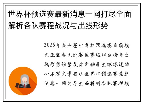 世界杯预选赛最新消息一网打尽全面解析各队赛程战况与出线形势