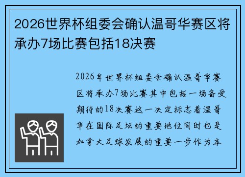 2026世界杯组委会确认温哥华赛区将承办7场比赛包括18决赛